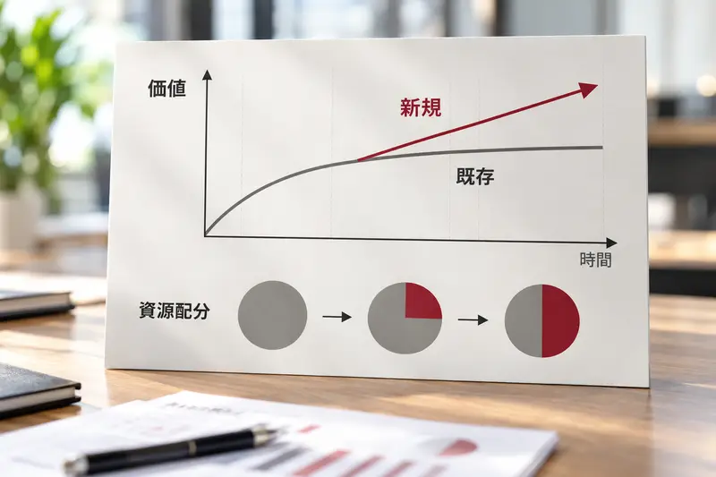 既存と新規の価値の推移と、それに合わせて資源配分を新規へ広げていく計画を示したボード