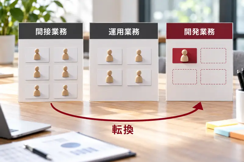 間接業務・運用業務に固定された人手を、開発業務へ転換する流れを示したボード