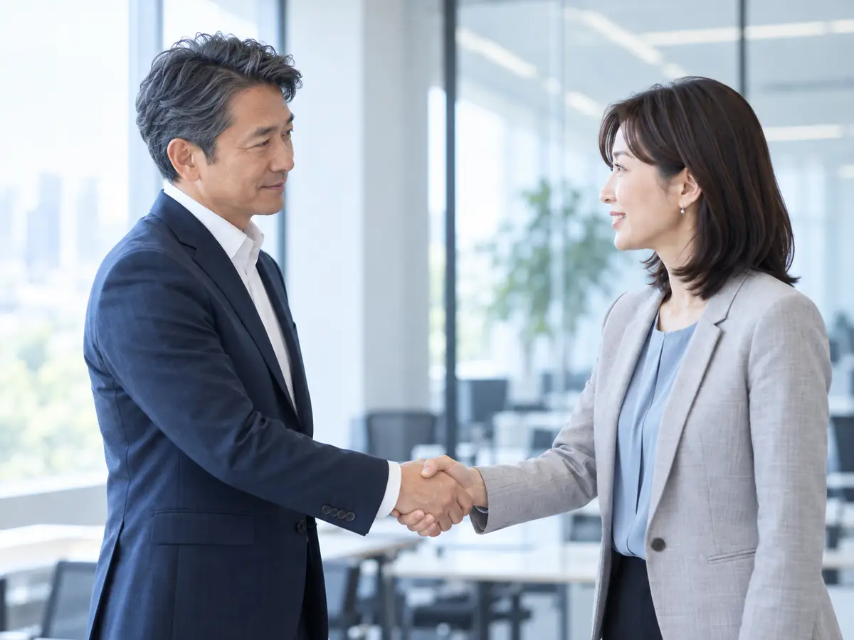 打ち合わせの後、経営者と支援担当者が握手を交わす様子