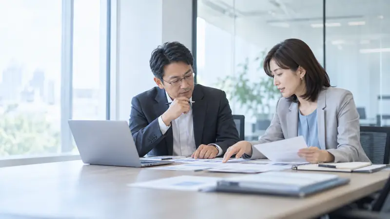 支援担当者と経営企画の担当者が、資料を広げて計画を確認する様子
