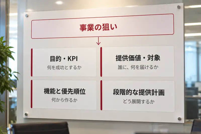 事業の狙いを起点に、目的・KPI、提供価値・対象、機能と優先順位、段階的な提供計画を整理したボード