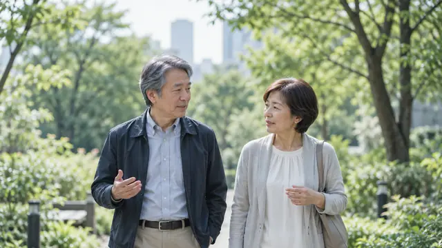 公園を散歩するシニア世代の夫婦