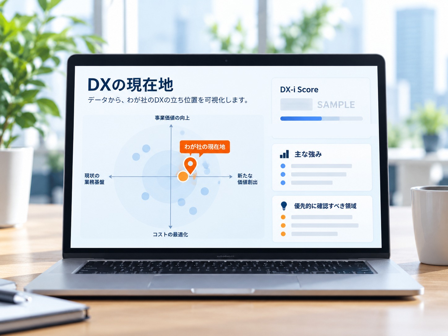 ノートPCに表示されたDXの現在地を示す診断レポート（画面はイメージ）
