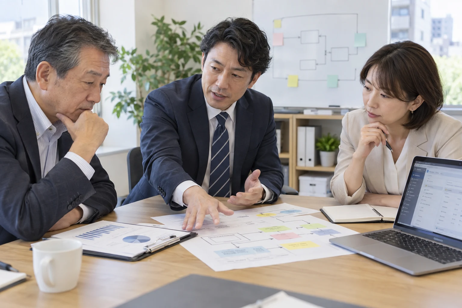支援担当者が経営者と社員の相談を受け、経営資料・業務フロー・IT画面を横断して検討する様子