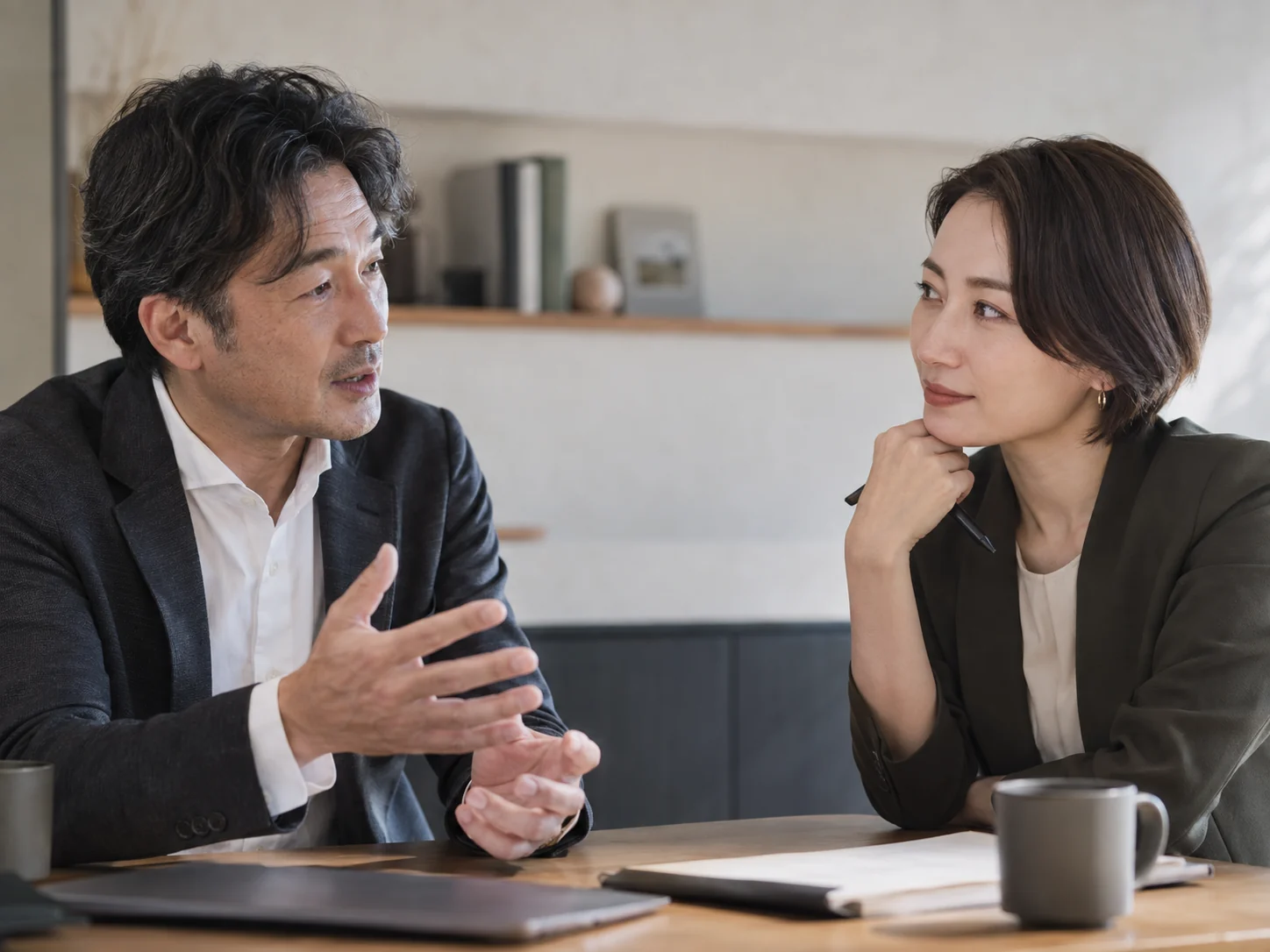 互いの表情を見ながら対話する2人のビジネスパーソン
