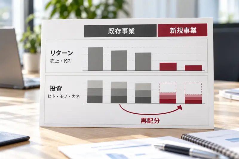 既存事業と新規事業のリターンと投資を並べ、既存事業の投資を新規事業へ再配分する流れを示したボード