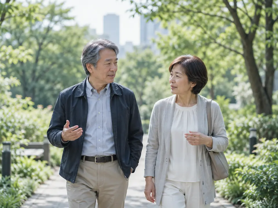 公園を散歩するシニア世代の夫婦