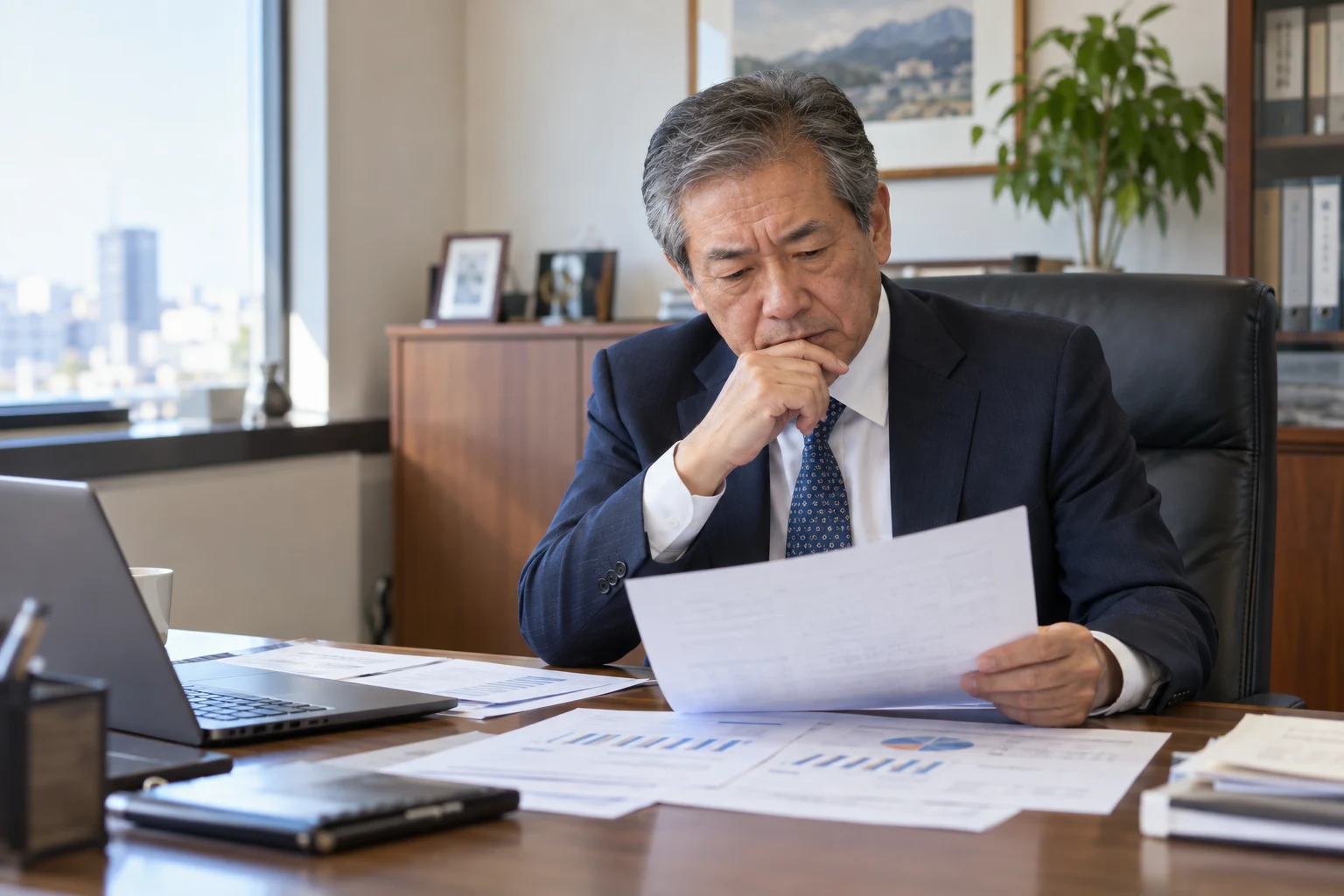 ベテランの経営者が、経営資料を確認しながら課題を考える様子