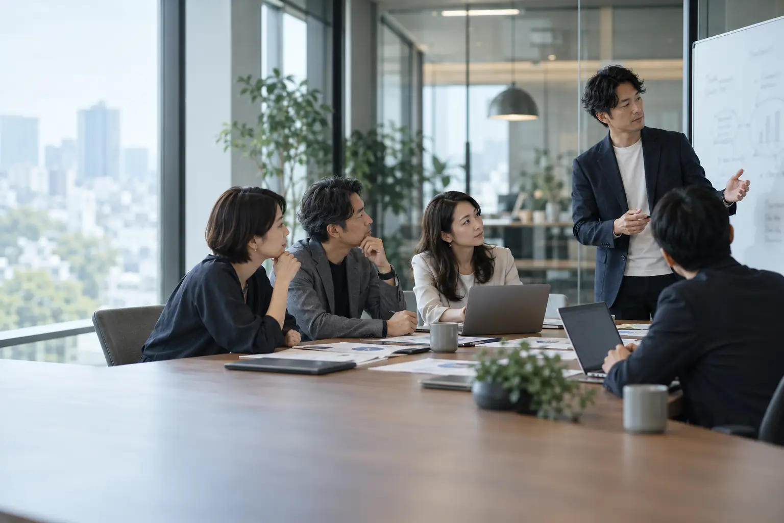会議室でホワイトボードを使って議論する様子