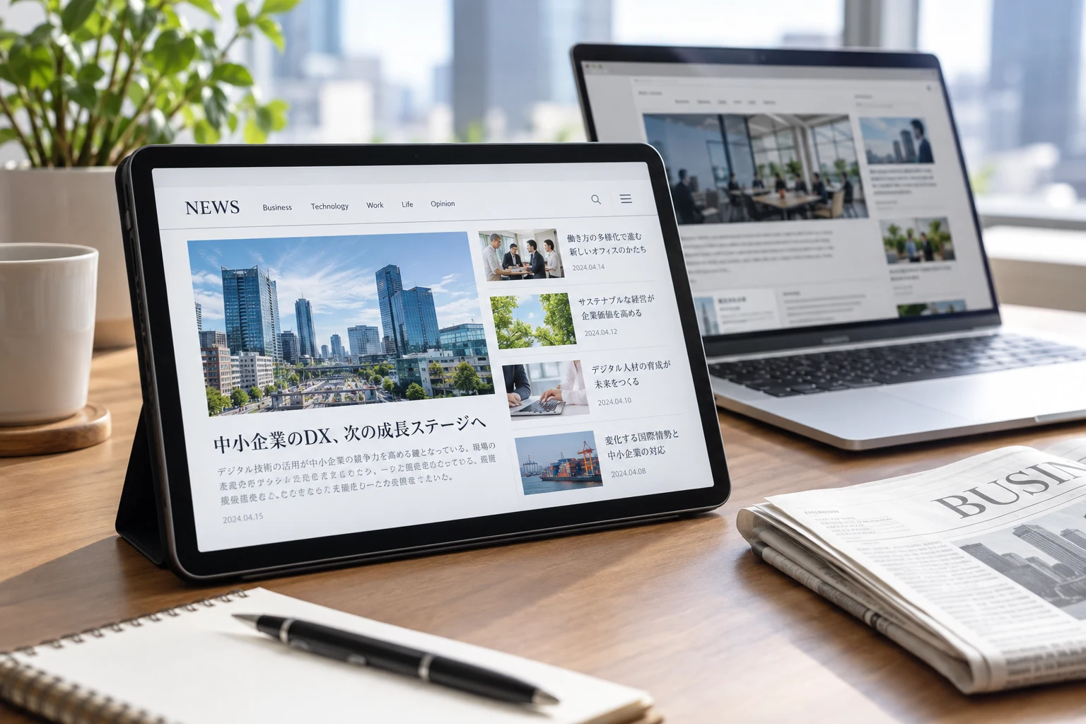 タブレットとノートPCでDX関連のニュースや最新情報を確認する机上の風景