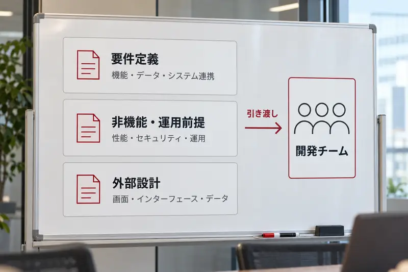 要件定義・非機能と運用前提・外部設計の設計書を、開発チームに引き渡す流れを示したボード