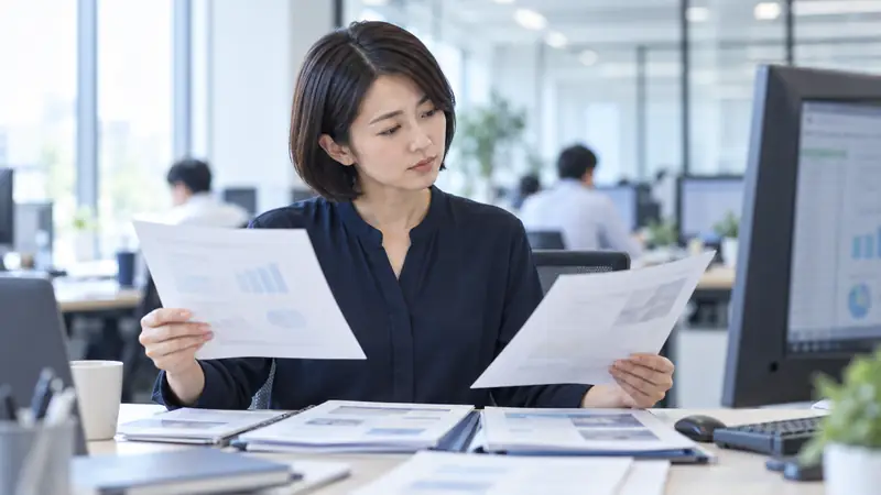 担当者が、複数の資料を見比べて検討する様子