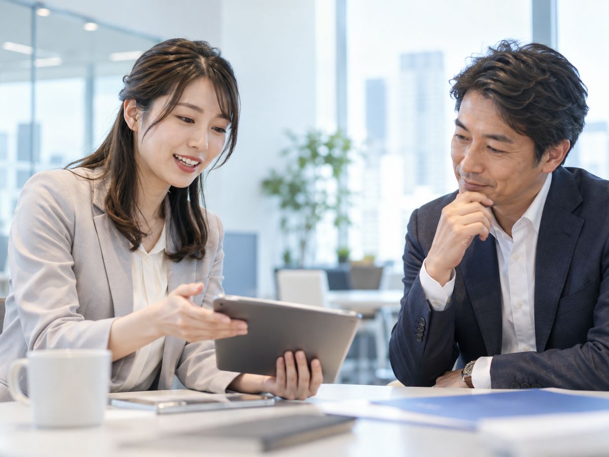 タブレットで資料を説明する担当者と、話を聞く経営者