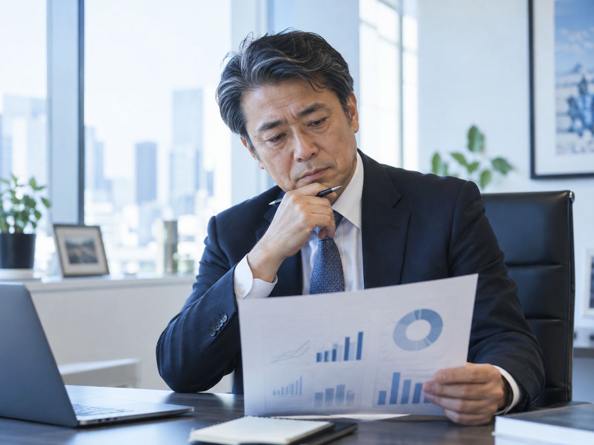 報告書を見て考え込む経営者